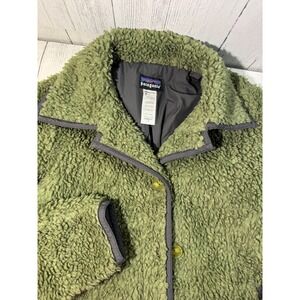 Patagonia Alder Creek Sherpa Deep Pile Button Up Olive Green Jacket Women Sz S